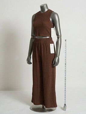 Love Poem Crinkle Textured Cropped Top Lounge Set Brown Dark